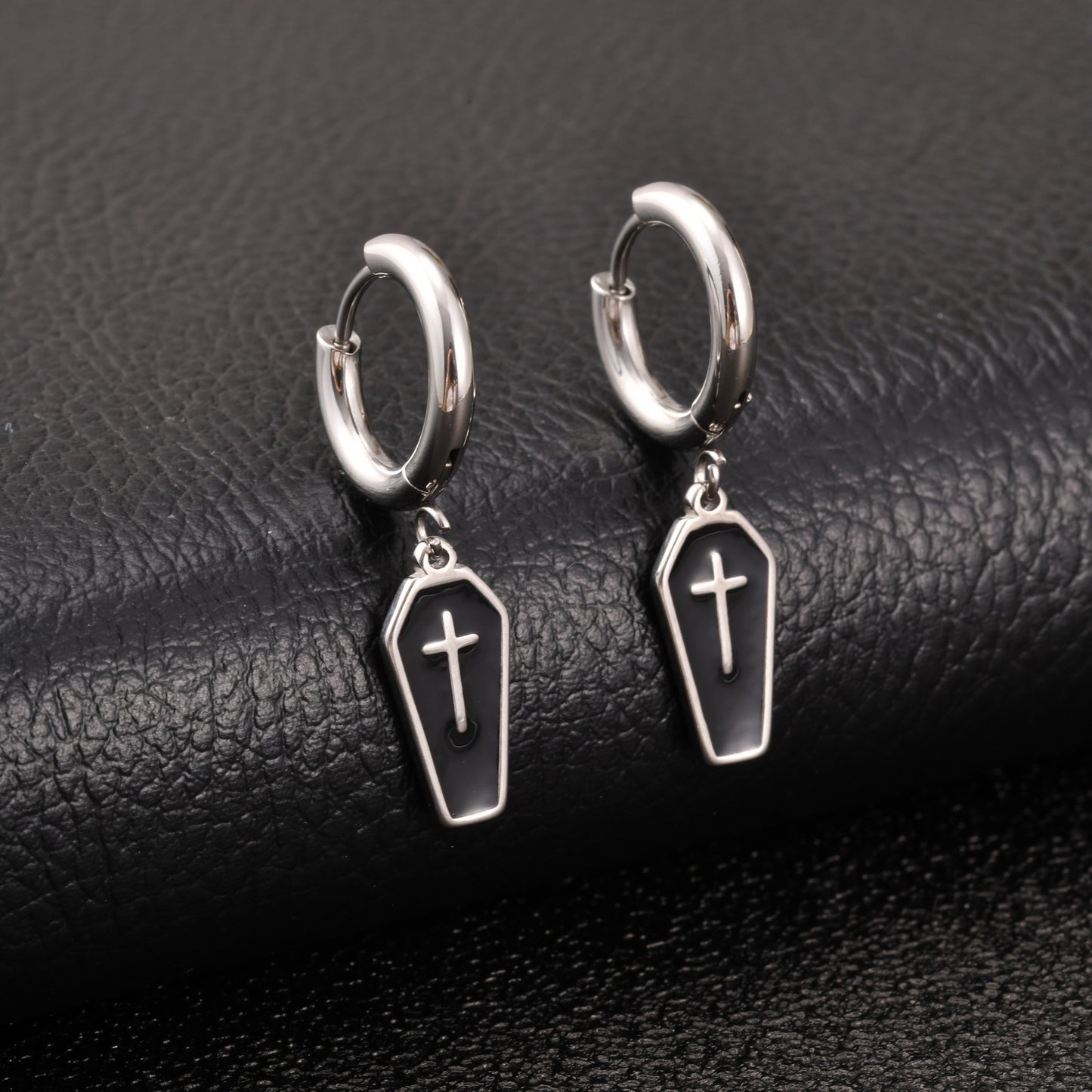 Kemstone Stainless Steel Cross Hoop Earring for Men Dark Drop ED-1090