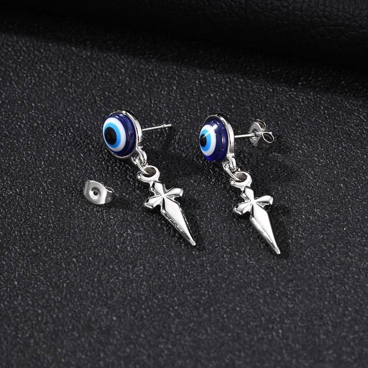 Kemston Blue Eye Cross Drop Earring for Men Stainless Steel Gothic ED-1099
