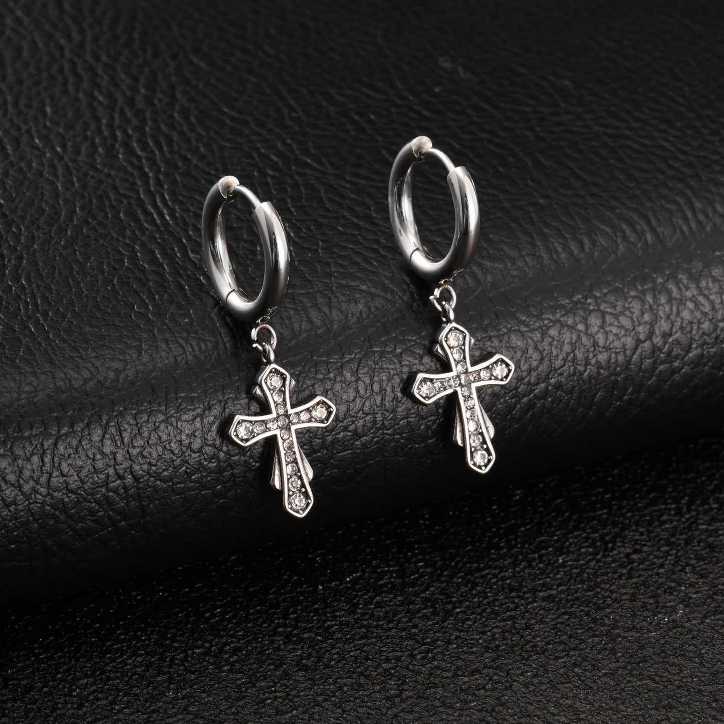 Kemstone Stainless Steel Cross Hoop Earring for Men Cubic Zirconia Inlay ED1089