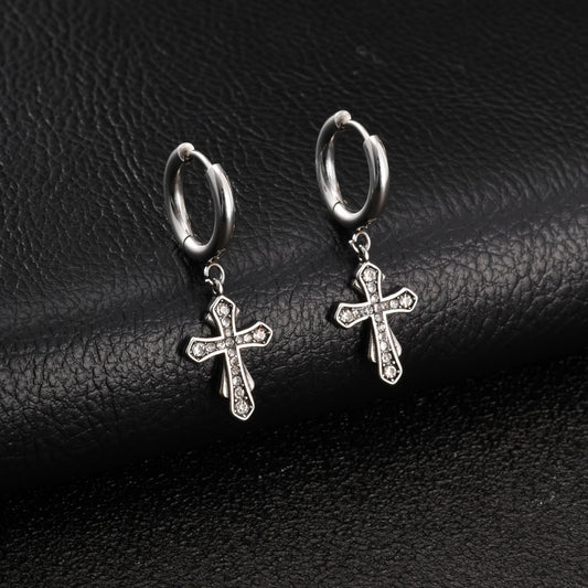 Kemstone Stainless Steel Cross Hoop Earring for Men Cubic Zirconia Inlay ED1089