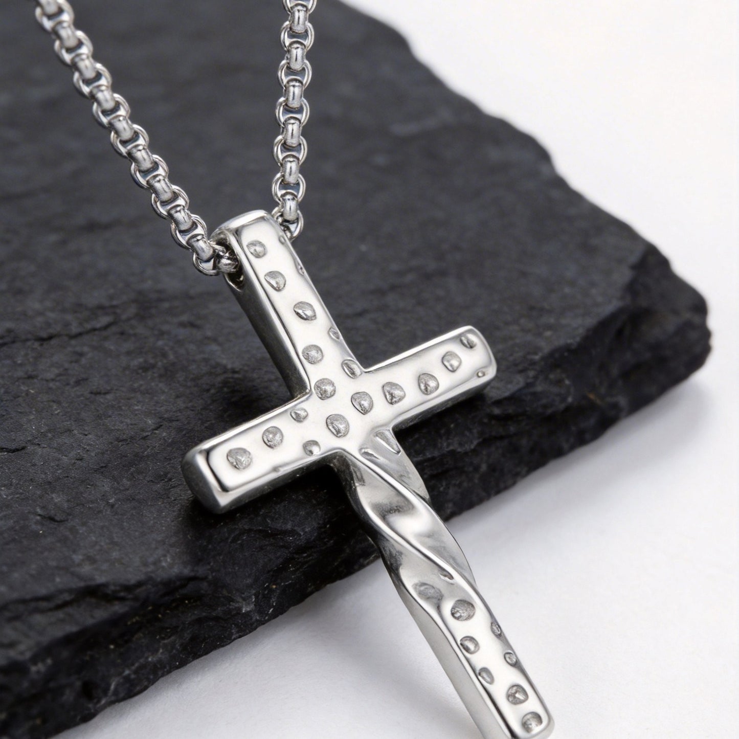 Kemstone Cross Pendant Necklace Stainless Steel Hammered Twisted Design for Men NC-2636S