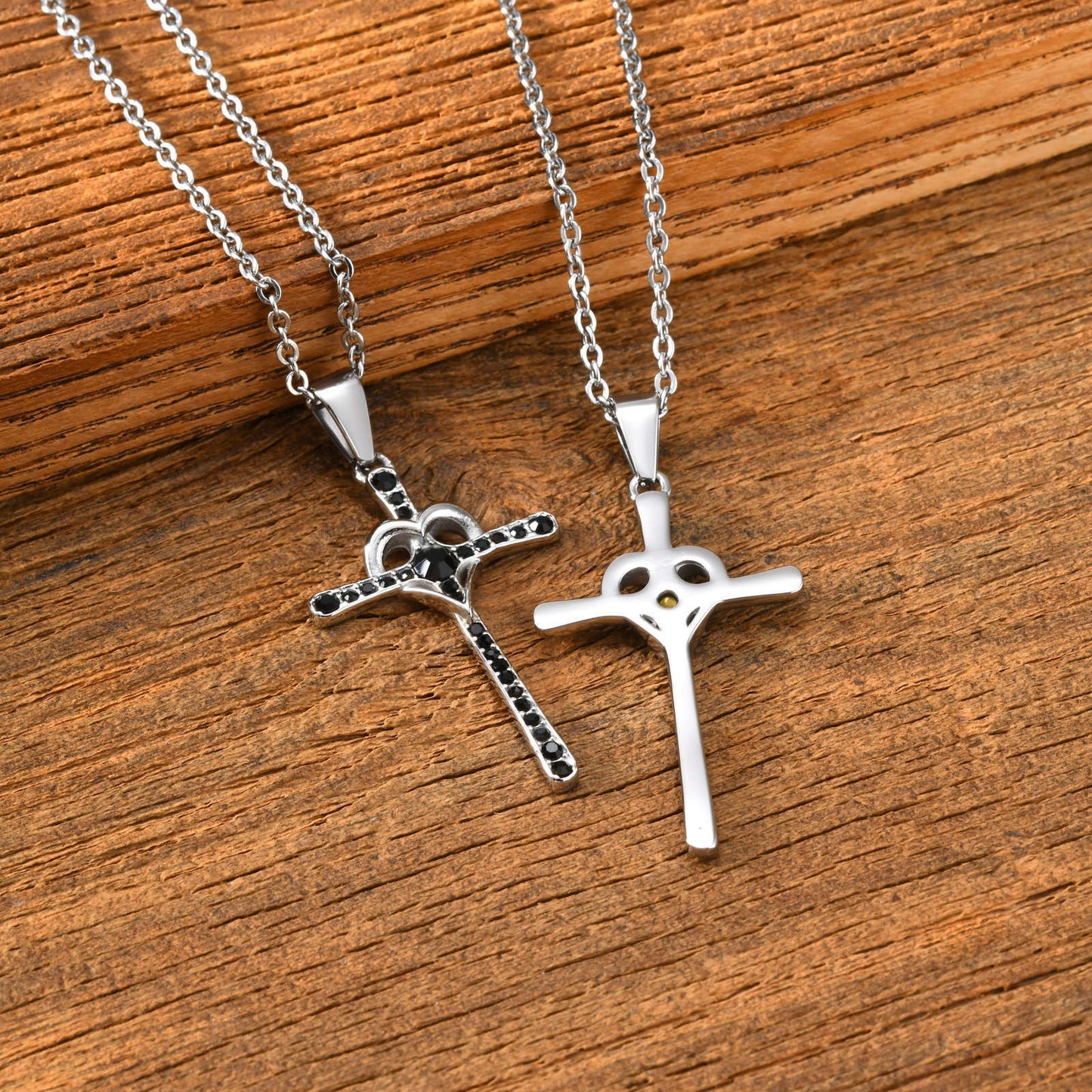 Kemstone Cross Pendant Necklace for Men Stainless Steel Black Cubic Zirconia Heart Curve Chain PN-2268S