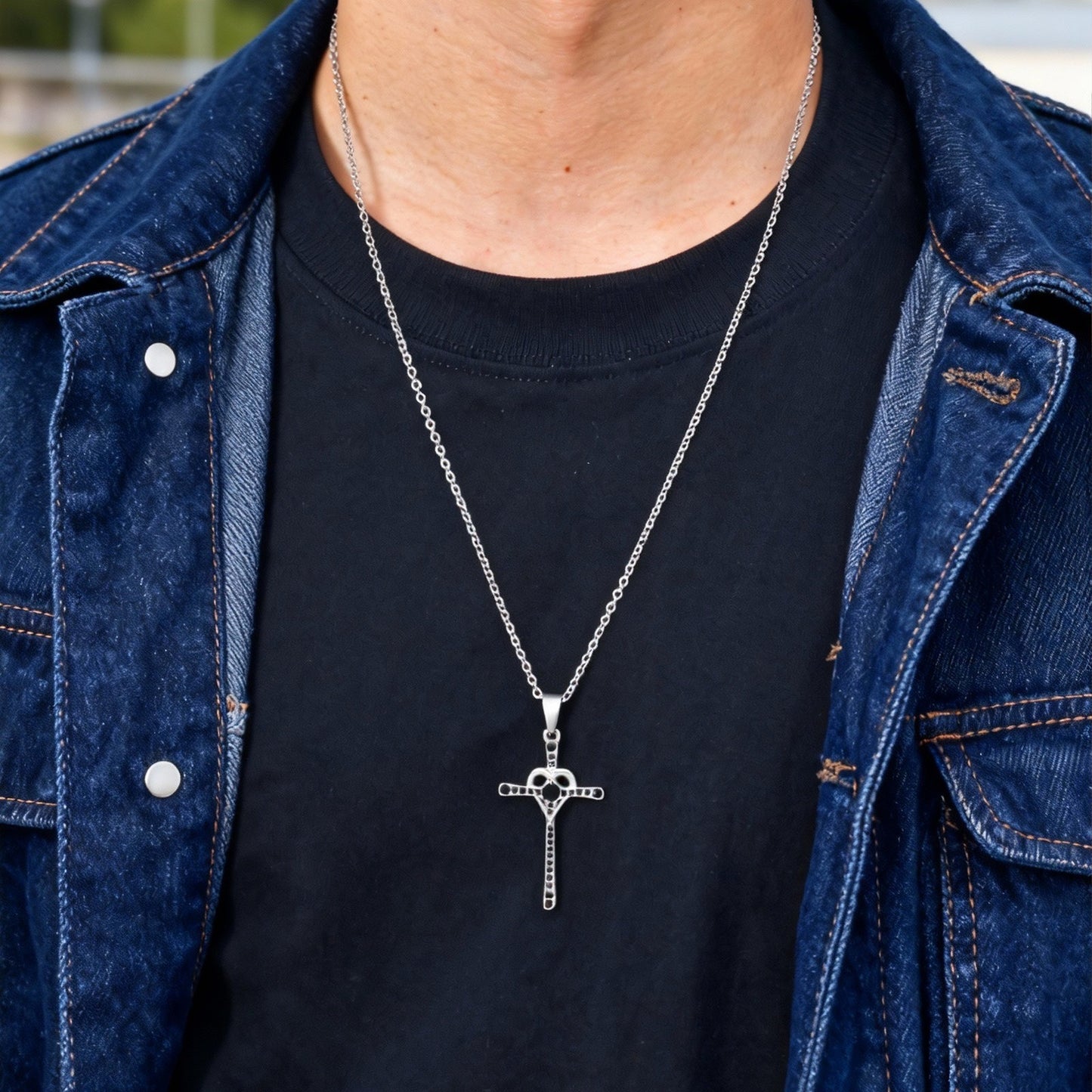 Kemstone Cross Pendant Necklace for Men Stainless Steel Black Cubic Zirconia Heart Curve Chain PN-2268S