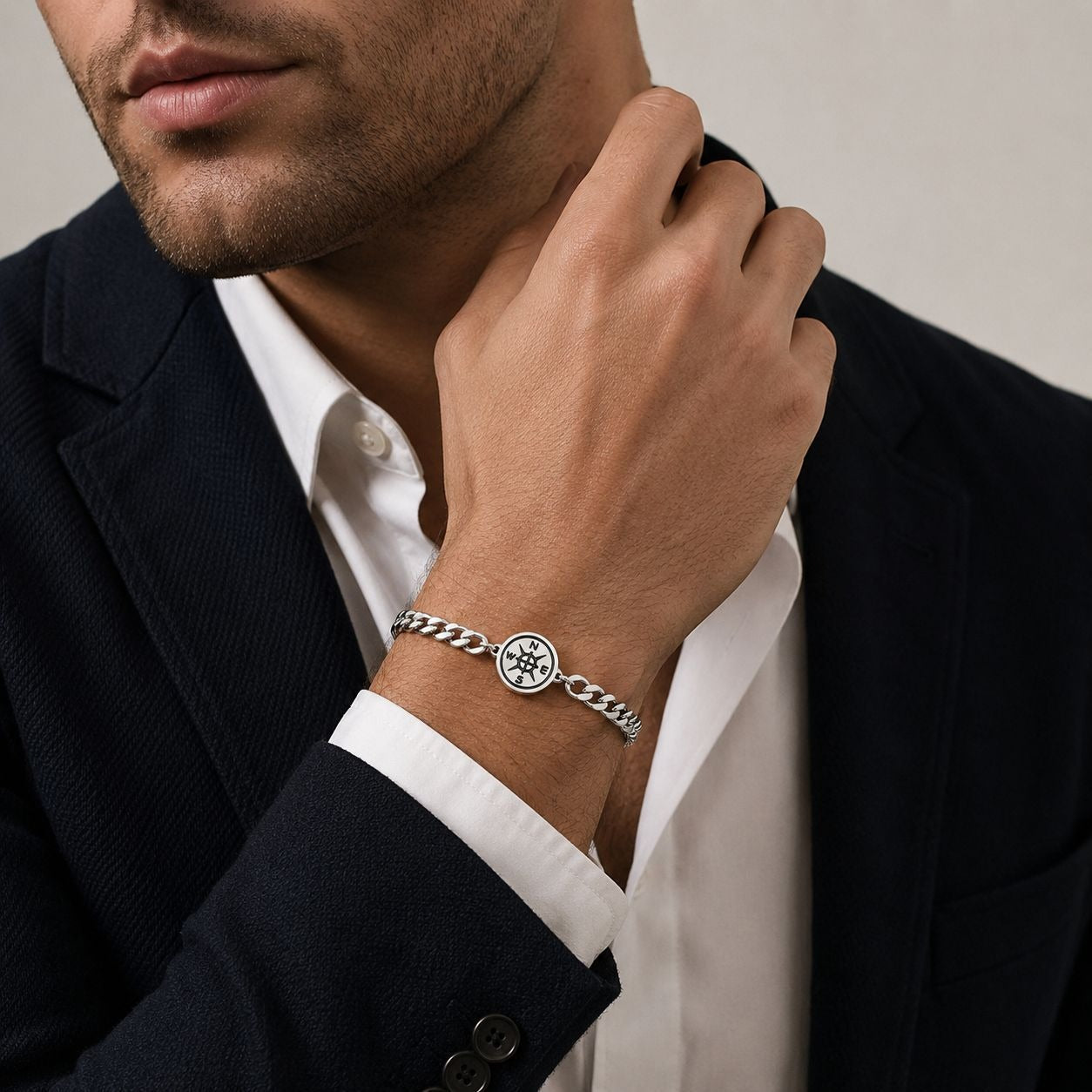 Kemstone Stainless Steel Compass Cuban Link Bracelet for Men Double H Clasp Silver BR-2210
