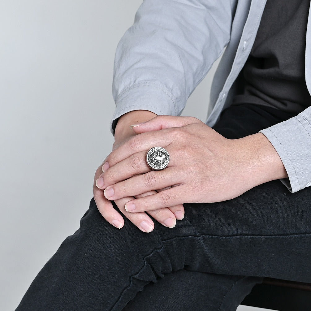 Kemstone Vintage Medallion Signet Ring for Men – Stainless Steel Relief Coin Design K-R981