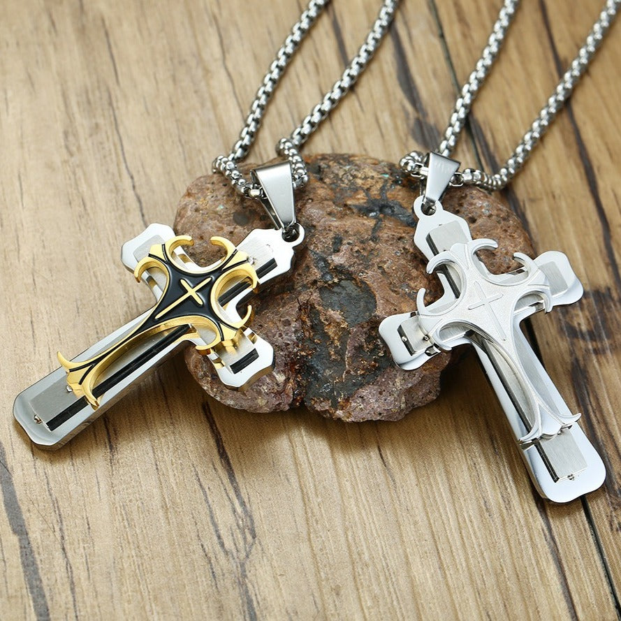 Kemston Titanium Steel Layered Cross Pendant Necklace for Men Vintage Style PN-097
