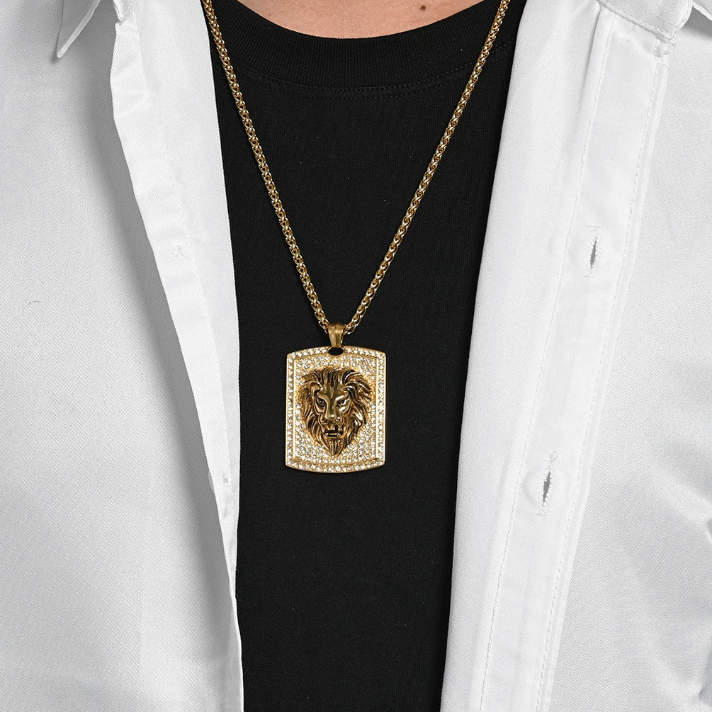 Kemstone Stainless Steel Lion Head Pendant Necklace for Men Iced Rhinestone Tag K-PT718