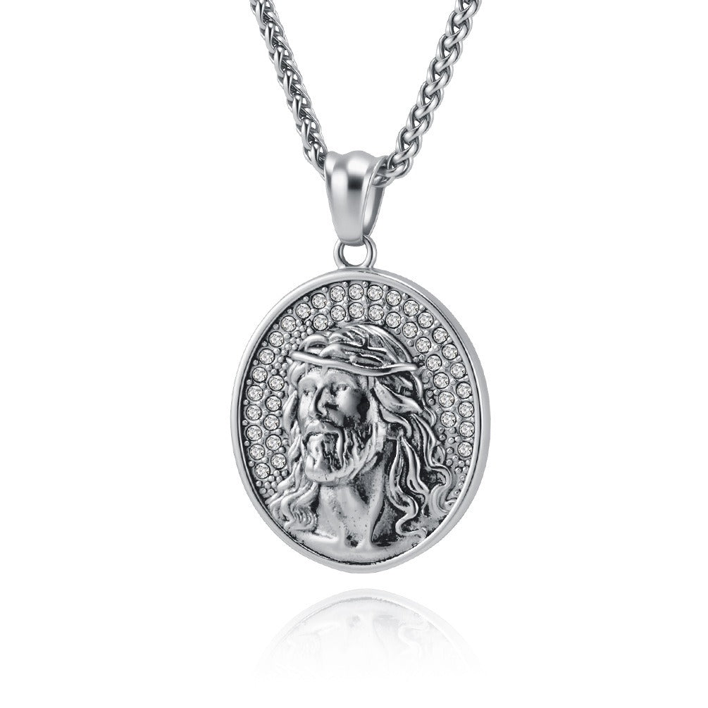 Kemston Stainless Steel Oval Portrait Pendant Necklace for Men Vintage Thorn Detail K-PT730