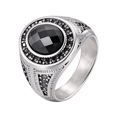 Kemstone Stainless Steel Black Oval Signet Ring Vintage Glass Detail for Men RC-842