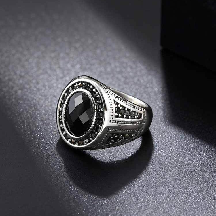 Kemstone Stainless Steel Black Oval Signet Ring Vintage Glass Detail for Men RC-842