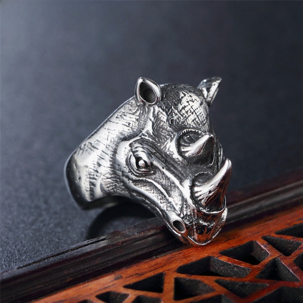 Kemstone Titanium Steel Rhino Head Ring for Men Vintage R0619