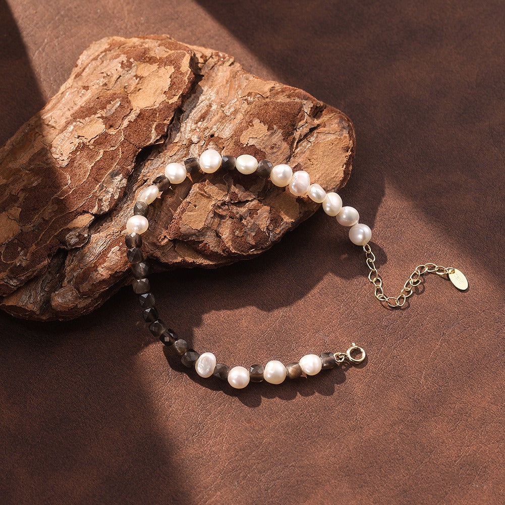 Kemston Silver Sheen Obsidian & Freshwater Pearl Beaded Bracelet for Women 925 Sterling Silver MPB26