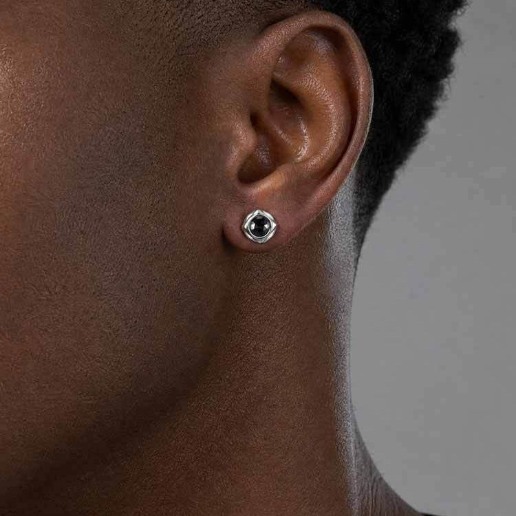 Kemston Stainless Steel Black Cubic Zirconia Stud Earrings for Men Geometric Detail ES-836