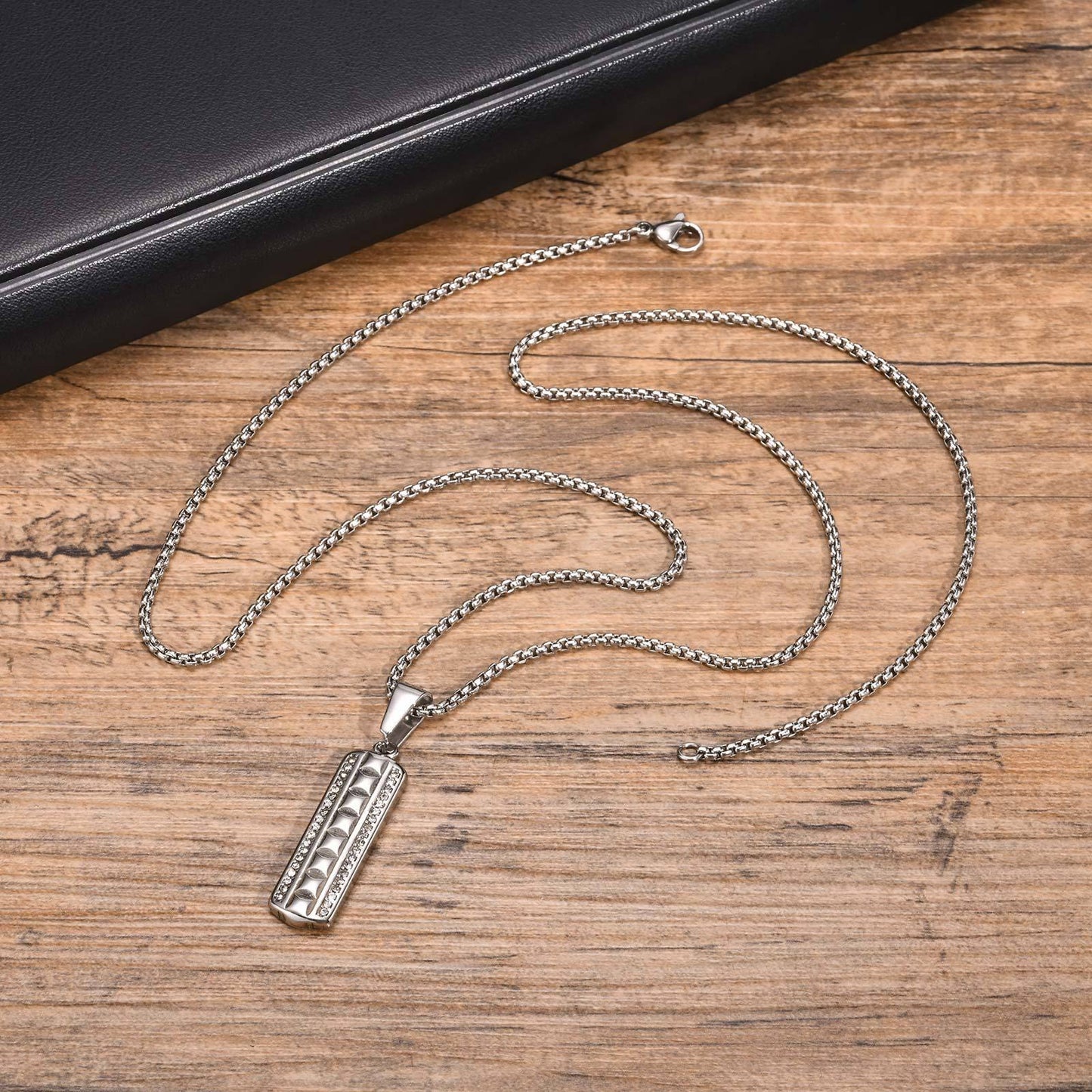 Kemstone Stainless Steel Rectangular Pendant Necklace for Men – Embossed Cubic Zirconia Silver PN-2070