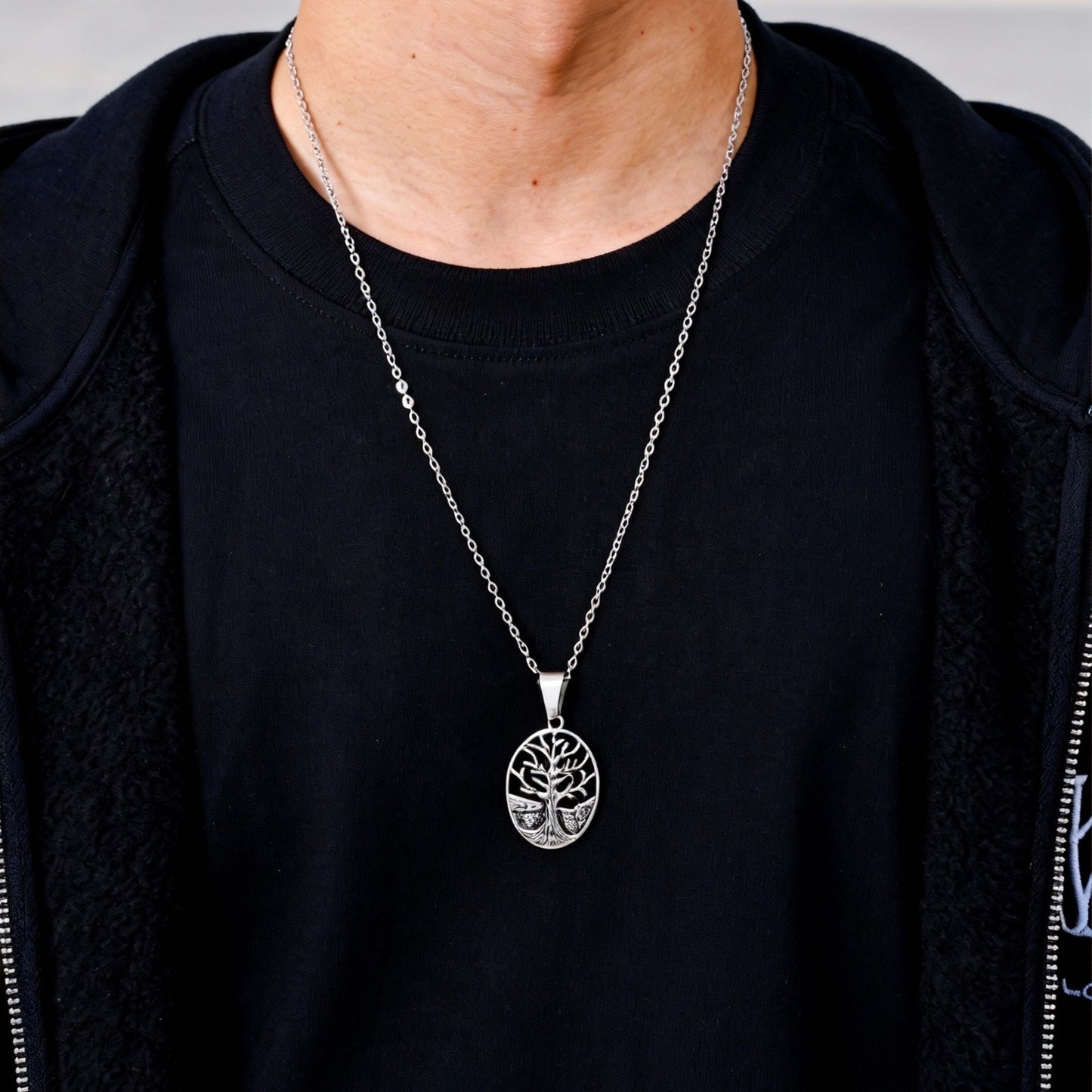 Kemstone Tree Pendant Necklace for Men Stainless Steel Openwork Oval Chain PN-2314