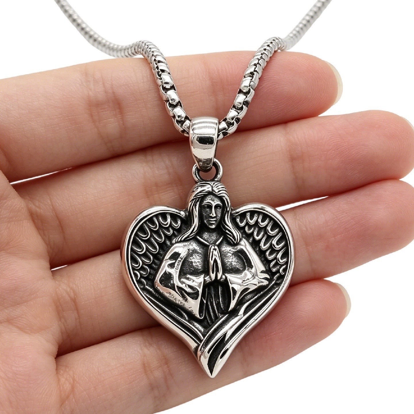 Kemstone Titanium Steel Winged Figure Heart Pendant Necklace for Men Vintage Silver P1555