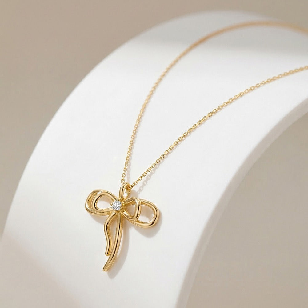 Kemstone Bow Pendant Necklace for Women 925 Sterling Silver Cubic Zirconia Dainty Gold Silver SAPN63