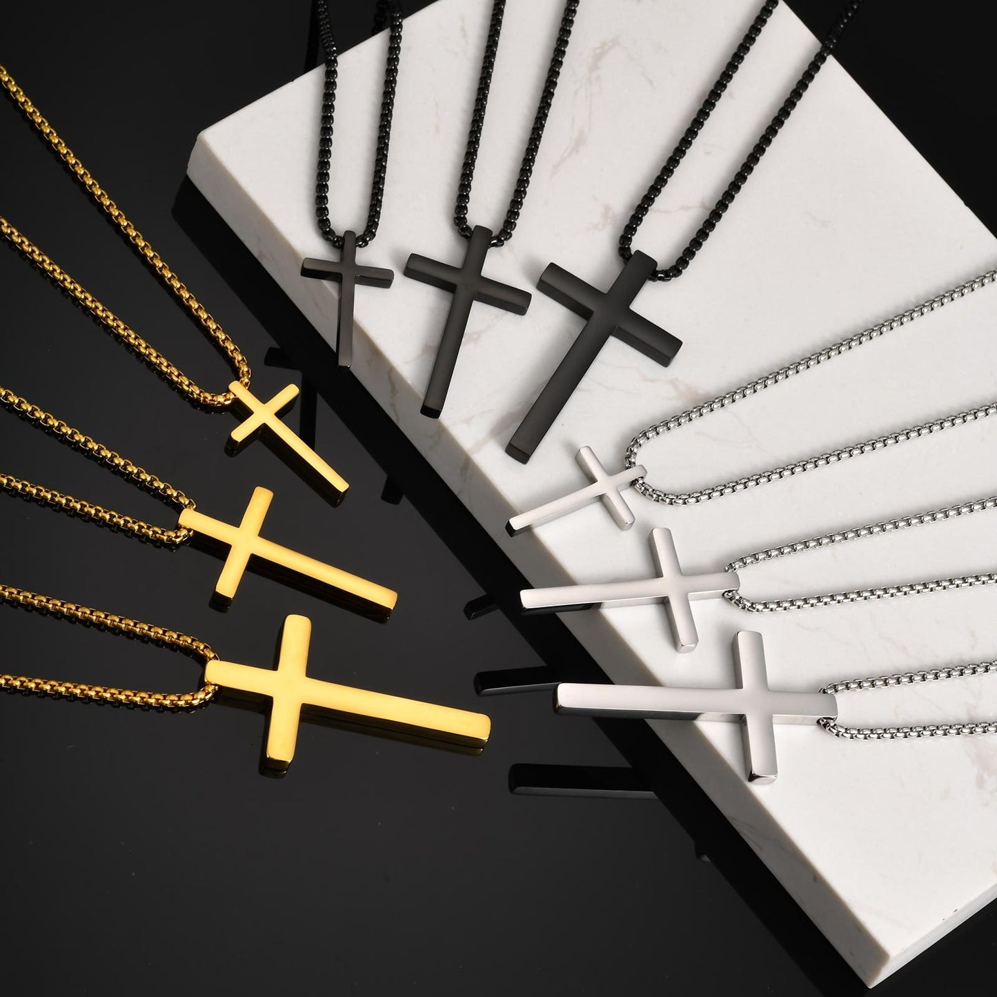 Kemstone Cross Pendant Necklace Stainless Steel Minimal Bar Cross Long Chain for Men Women Silver Gold Black NC-2103