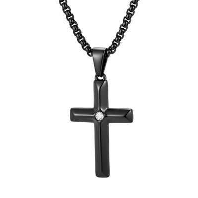 Kemstone Black Cross Pendant Necklace for Men Stainless Steel Cubic Zirconia Center PN-2440