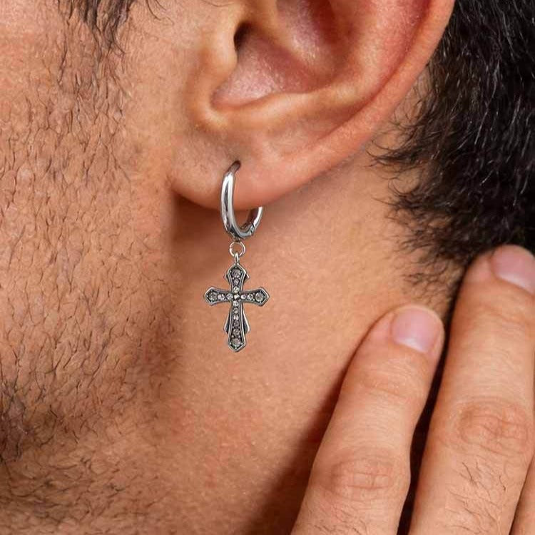 Kemstone Stainless Steel Cross Hoop Earring for Men Cubic Zirconia Inlay ED1089