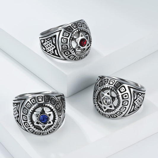 Kemstone Men’s Stainless Steel Hexagram Ring – Six-Pointed Star Zircon Jewelry K-R1091