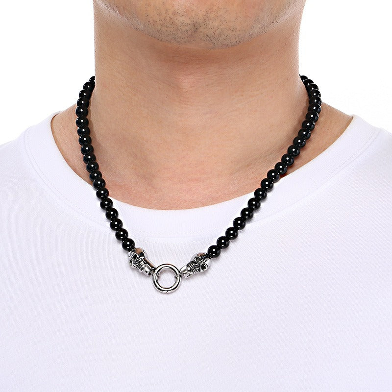 Kemstone Black Onyx Skull Bead Bracelet & Necklace – Titanium Steel with Cubic Zirconia Detail for Men B81841-BD