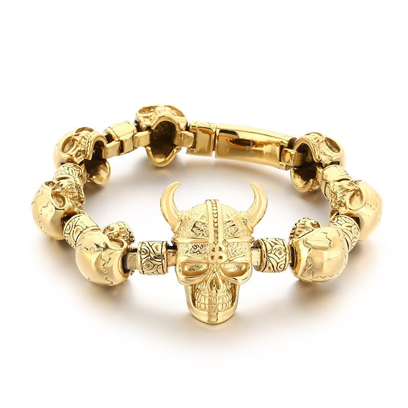 Kemstone Skull Bracelet for Men Titanium Steel Chunky Chain Heavy Punk Style Silver Gold KB209644-KJX