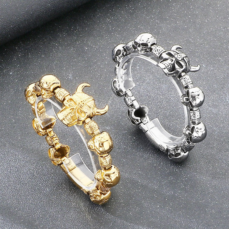 Kemstone Skull Bracelet for Men Titanium Steel Chunky Chain Heavy Punk Style Silver Gold KB209644-KJX