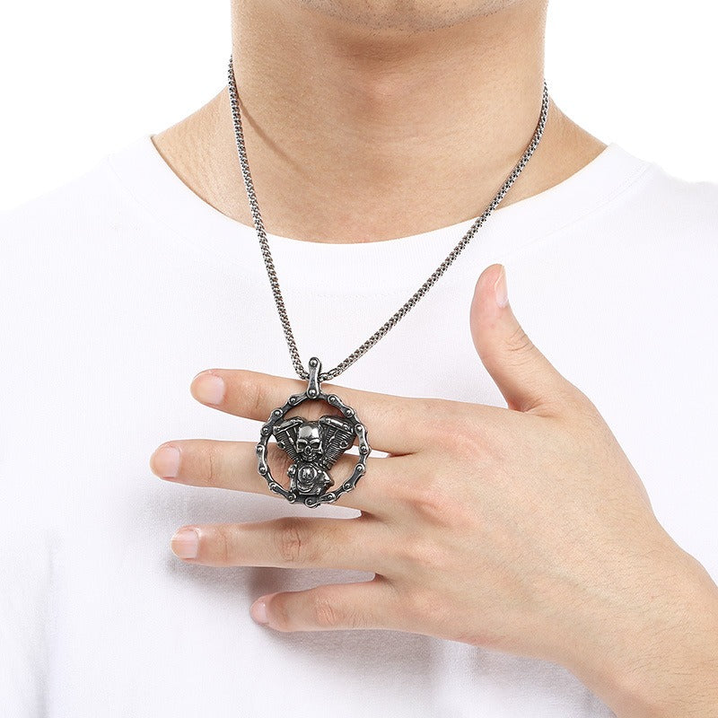 Kemstone Skull Pendant Necklace Stainless Steel Biker Mechanical Engine Design for Men KP117023-LU