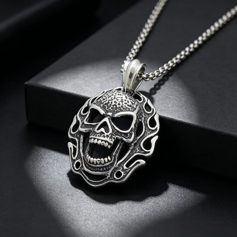 Kemstone Stainless Steel Flame Skull Pendant Necklace for Men Medallion KP118157-KJX