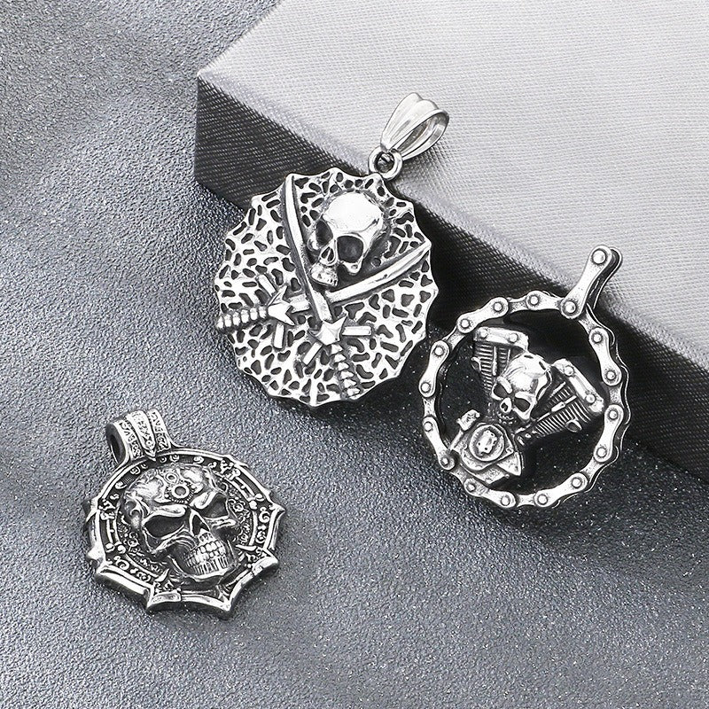 Kemstone Skull Pendant Necklace Stainless Steel Biker Mechanical Engine Design for Men KP117023-LU