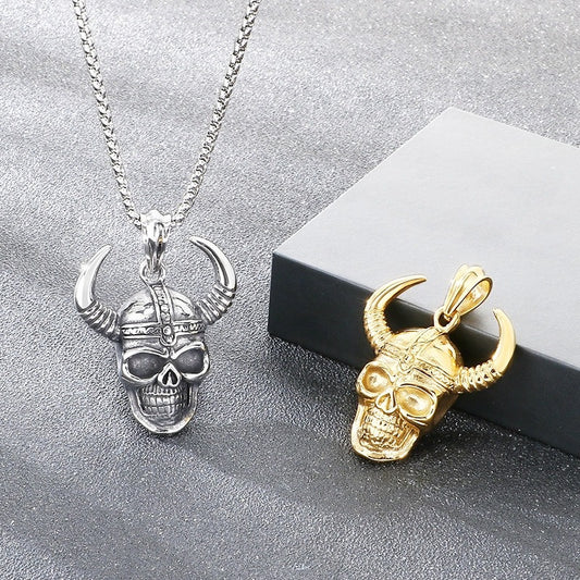 Kemstone Skull Pendant Necklace for Men Titanium Steel Horned Helmet Gold Silver KP116682-KJX
