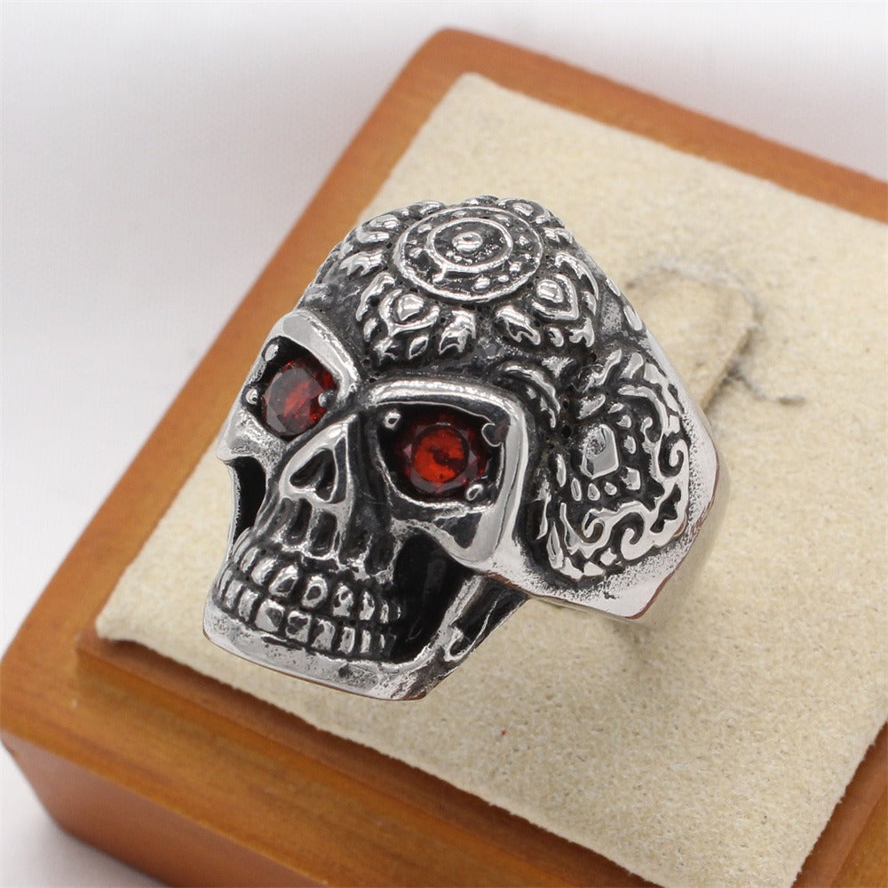 Kemstone Titanium Steel Skull Ring with Cubic Zirconia Eyes – Gothic Carved Design R1780