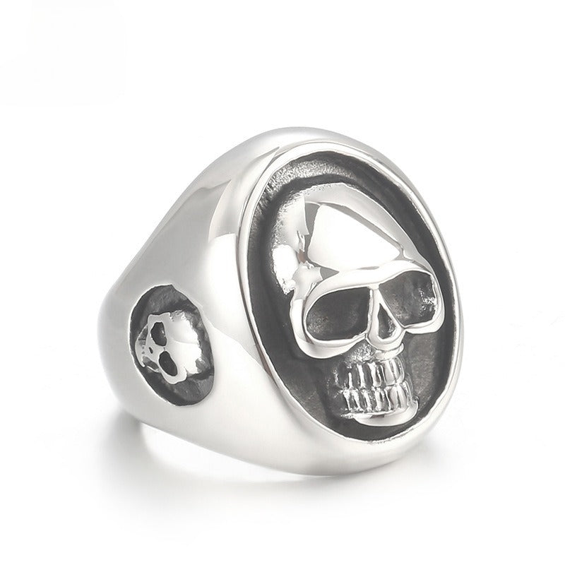 Kemstone Titanium Steel Skull Signet Ring – Heavy Dark Punk Style for Men KR106363-KJX