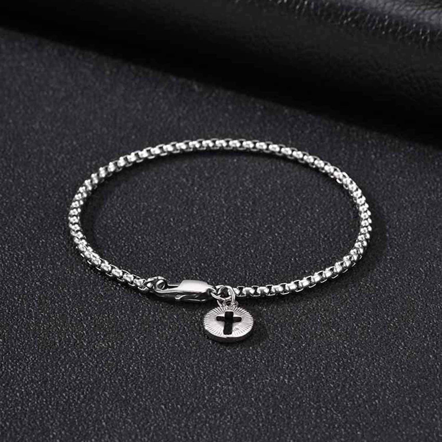 Kemston Stainless Steel Cross Charm Bracelet for Men Silver Round Tag BR-3102
