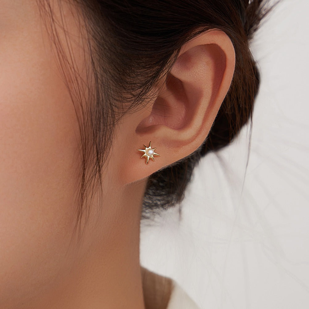 Kemstone 925 Sterling Silver Pearl Star Stud Earrings for Women Eight Point Gold GPE113