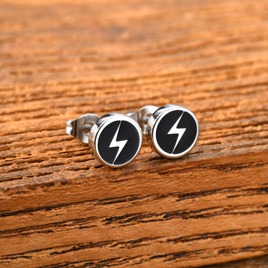 Kemstone Lightning Stud Earrings for Men Stainless Steel Black Enamel Round Stud 2PCS ES-751S