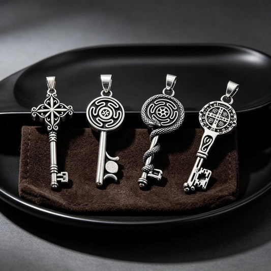 Kemston Stainless Steel Snake Wrap Rune Key Pendant Necklace for Men Gothic Labyrinth Symbol Key Charm KP118633-LU