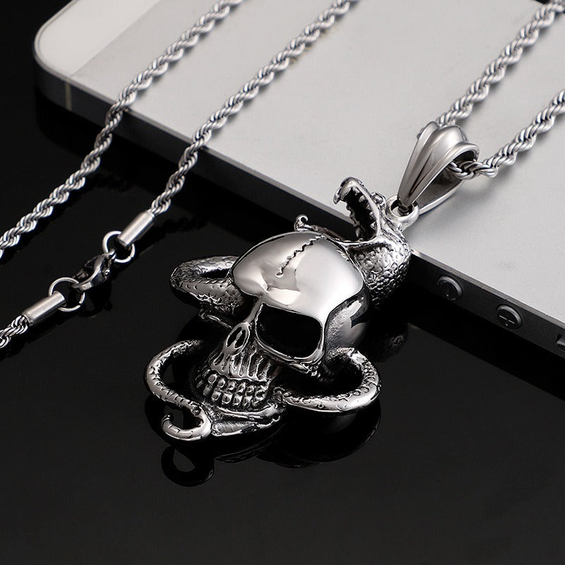 Kemstone Coiled Snake Skull Necklace for Men Titanium Steel Punk KP80014-BD