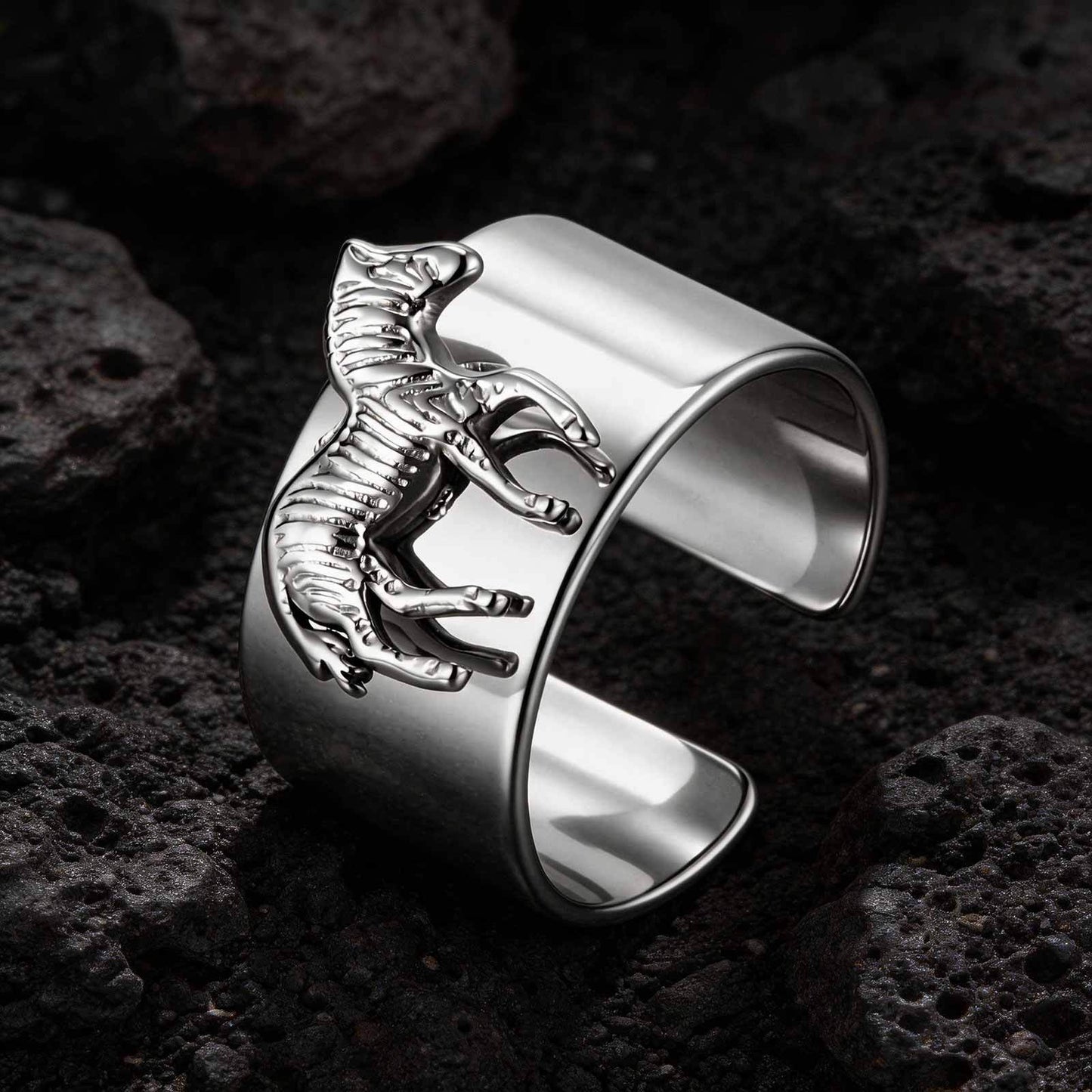 Kemstone Stainless Steel Animal Design Open Ring Spider Horse Vintage Wide Band for Men RC-1015