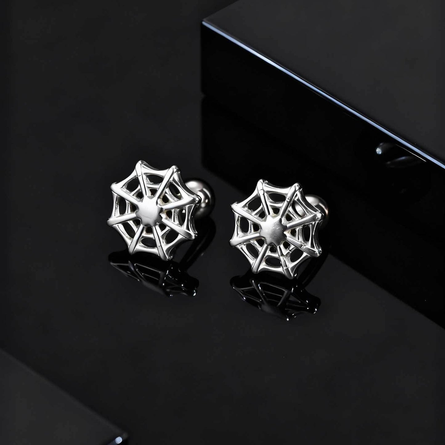 Kemstone Stainless Steel Spider Web Stud Earrings – Punk Gothic Style for Men ES-770