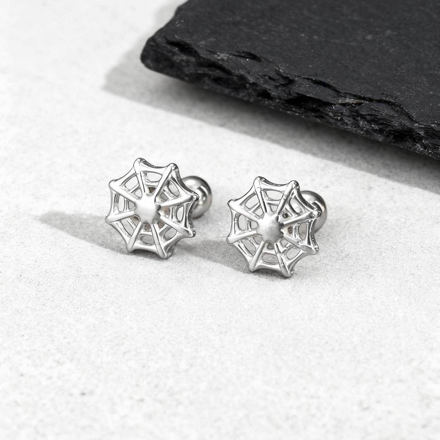 Kemstone Stainless Steel Spider Web Stud Earrings – Punk Gothic Style for Men ES-770