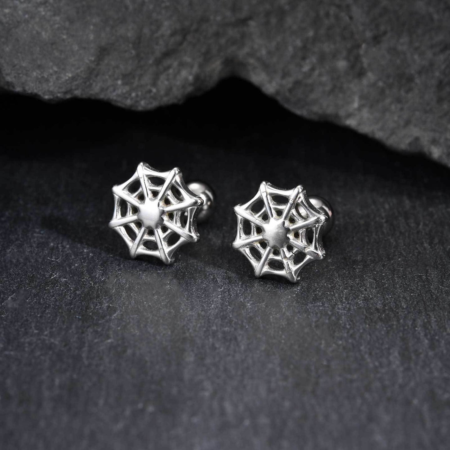 Kemstone Stainless Steel Spider Web Stud Earrings – Punk Gothic Style for Men ES-770
