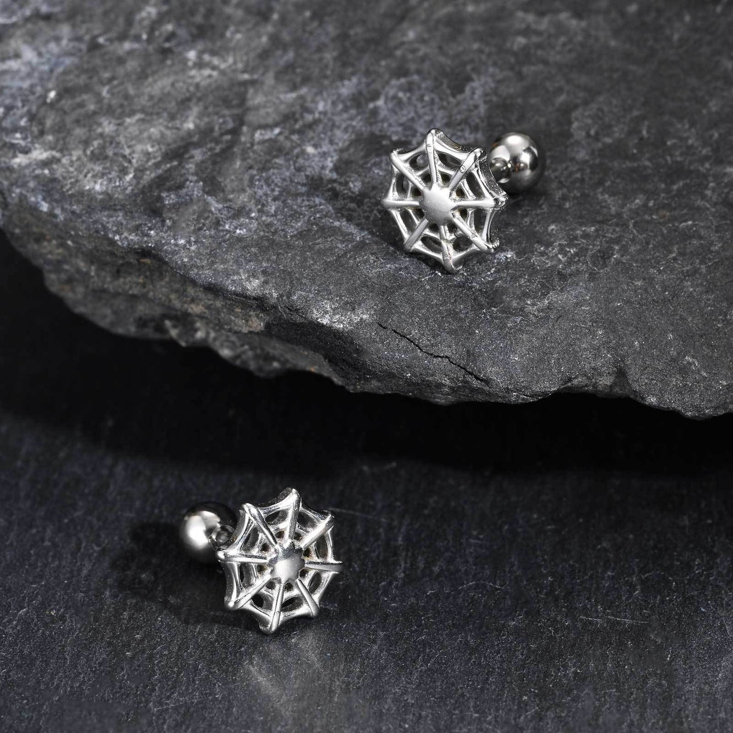 Kemstone Stainless Steel Spider Web Stud Earrings – Punk Gothic Style for Men ES-770