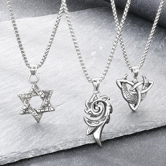 Kemstone Celtic Knot Pendant Necklace Titanium Steel Spiral Geometric Star Design for Men Silver KP117029-LU