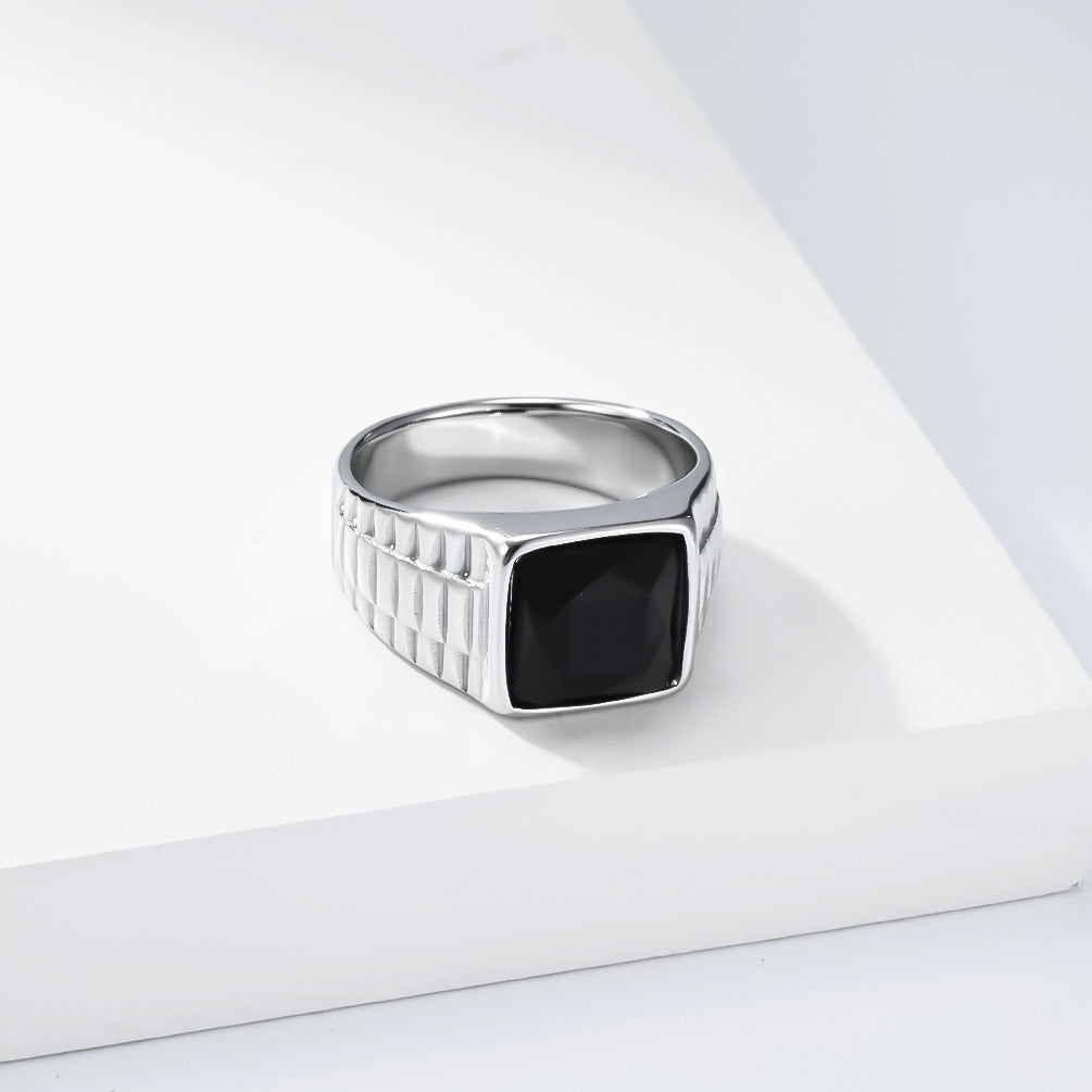 Kemstone Stainless Steel Black Square Stone Signet Ring for Men K-R1176