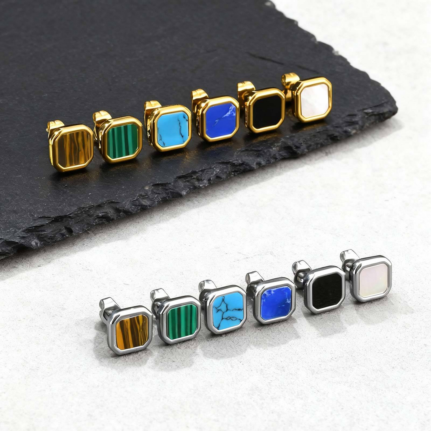 Kemstone Stainless Steel Square Stud Earrings – Shell, Tiger’s Eye, Malachite, Turquoise  for Men & Women ES-728