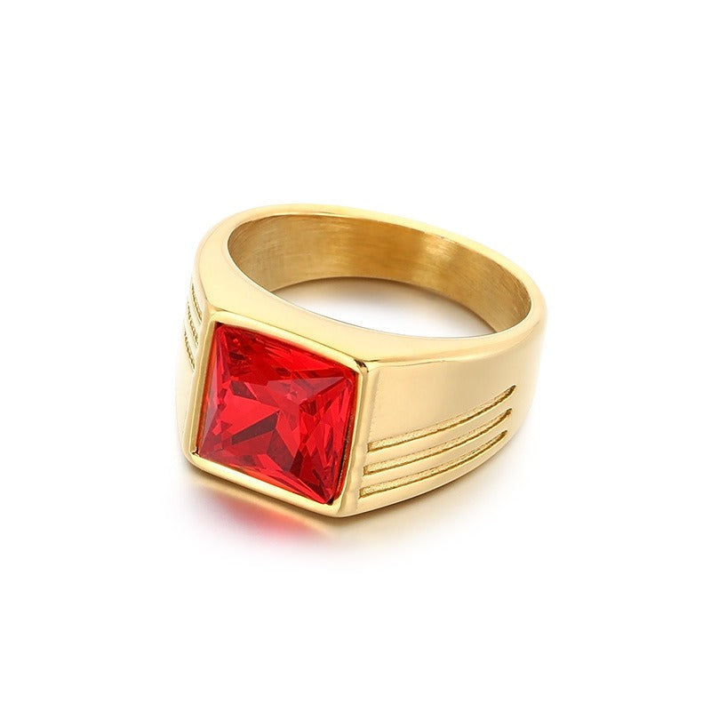 Kemstone Titanium Steel Square Red Stone Signet Ring for Men Vintage Gold Silver KR114482-MZOZ