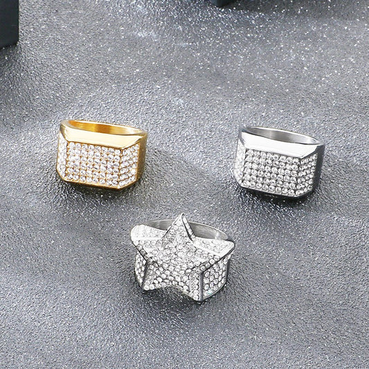 Kemstone Iced Signet Ring Titanium Steel Square Star Rhinestone Hip Hop for Men KR114477-MZOZ