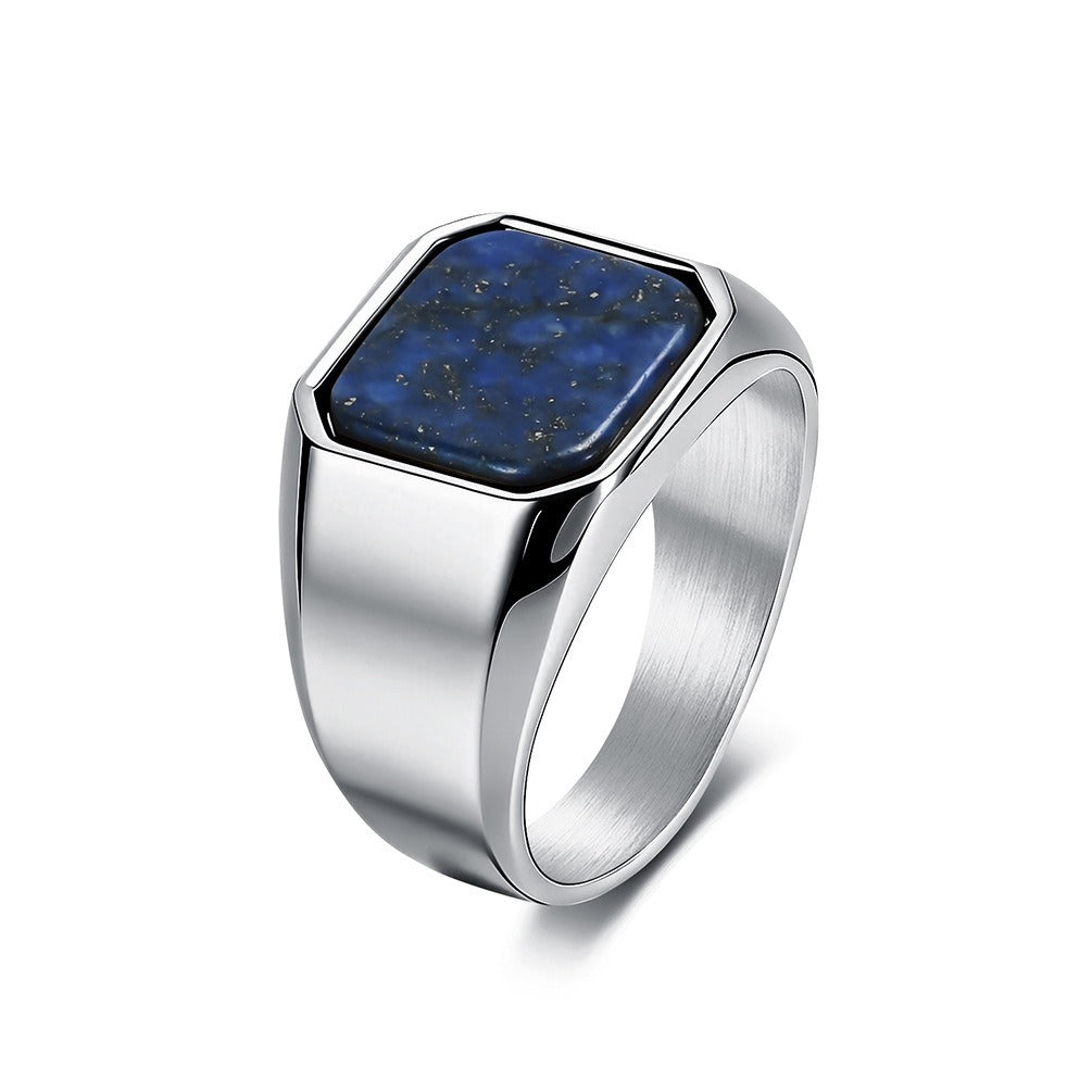 Kemstone Signet Ring for Men Titanium Steel Square Blue Black Stone Inlay KR1138